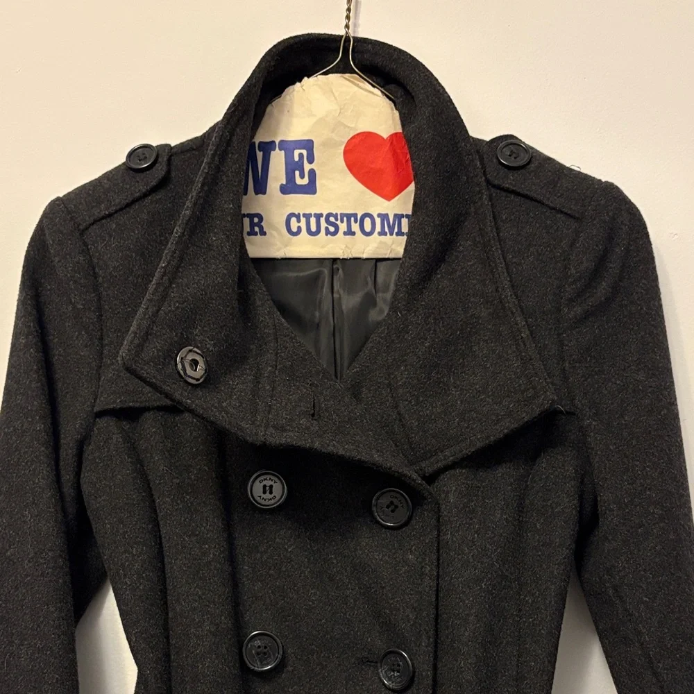 DKNY Double Breasted Long Wool Blend Coat - Picture 6 of 13